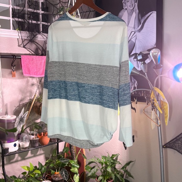 Market & Spruce Striped Tie Front Long Sleeve Top Womens XL Blue Gray White - Picture 4 of 9